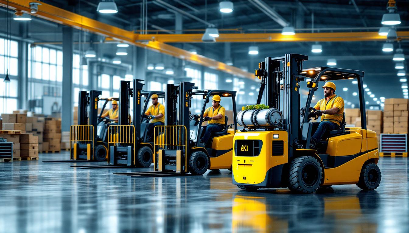 A photograph of a modern industrial setting featuring a variety of forklifts in action