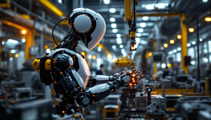 A photograph of a modern industrial robot in action within a manufacturing setting