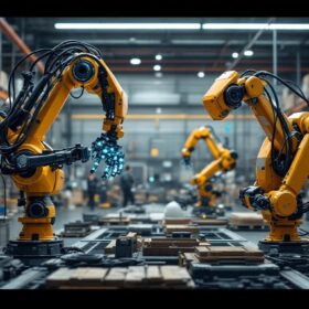 A photograph of a modern warehouse setting showcasing industrial robots in action