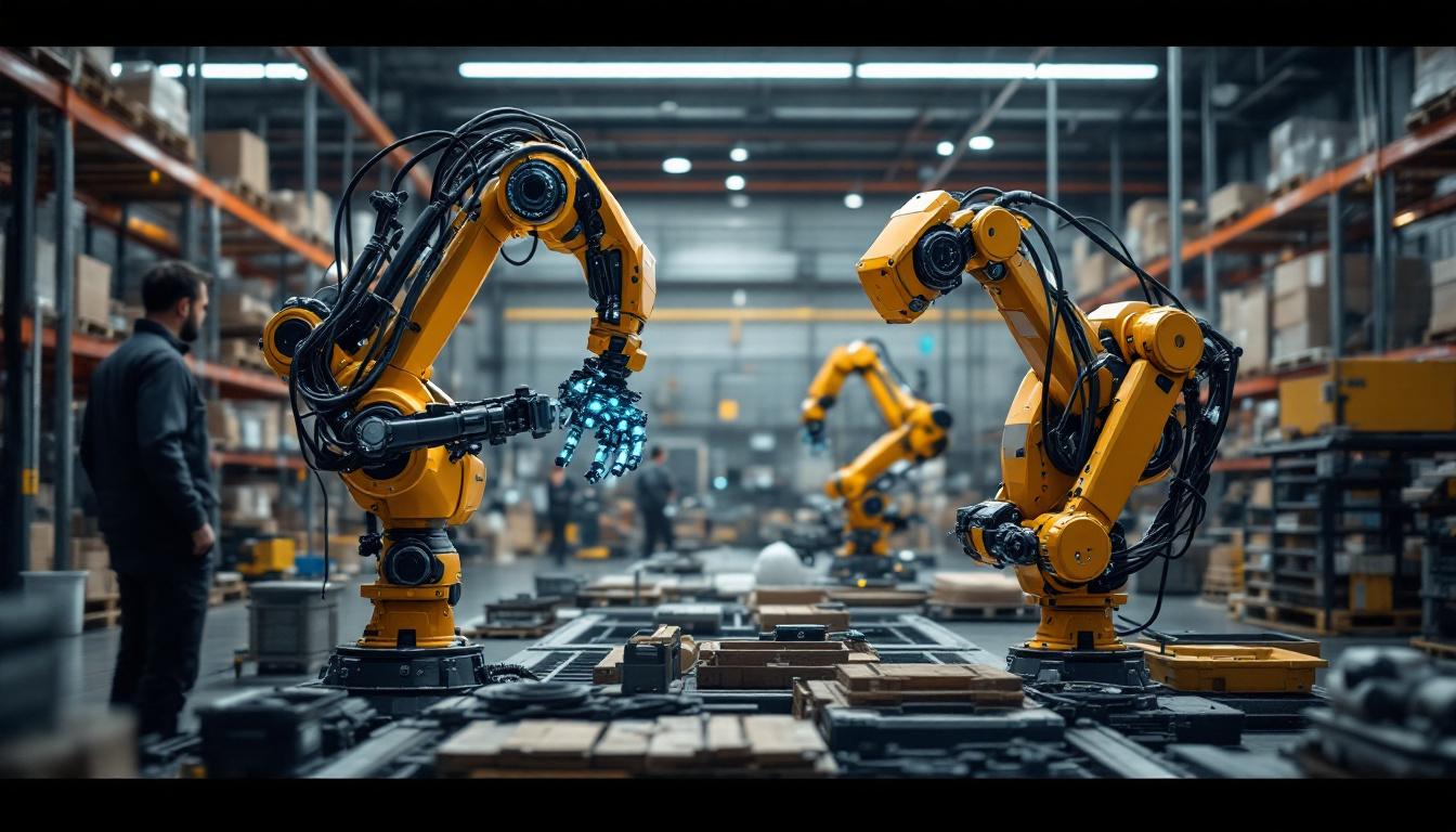 A photograph of a modern warehouse setting showcasing industrial robots in action