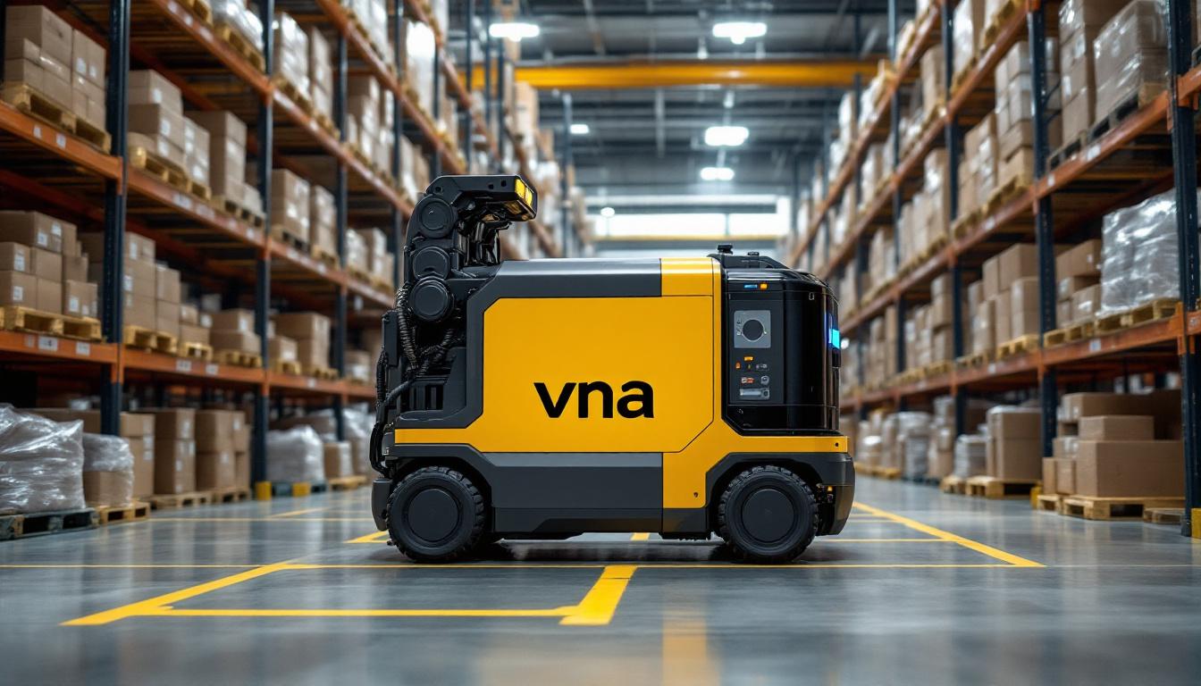 A photograph of a vna truck in action within a warehouse setting