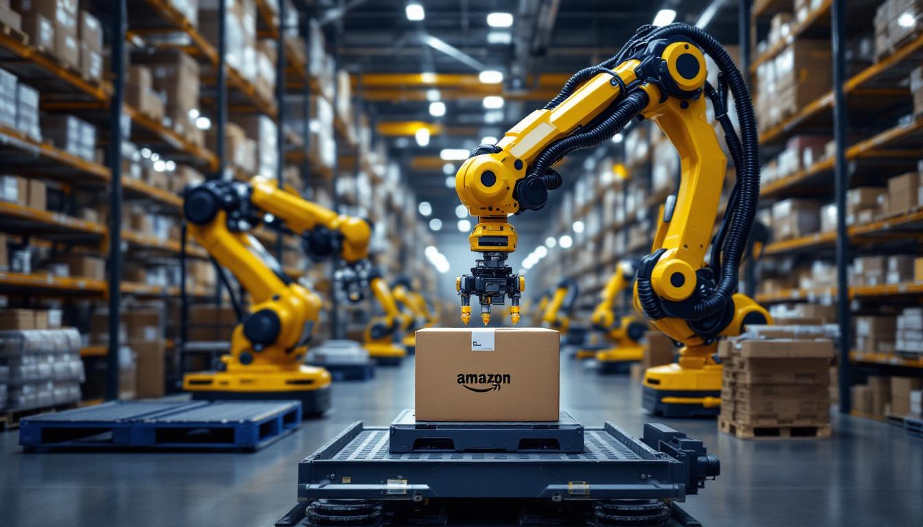 A photograph of a bustling amazon warehouse interior showcasing advanced industrial robots in action