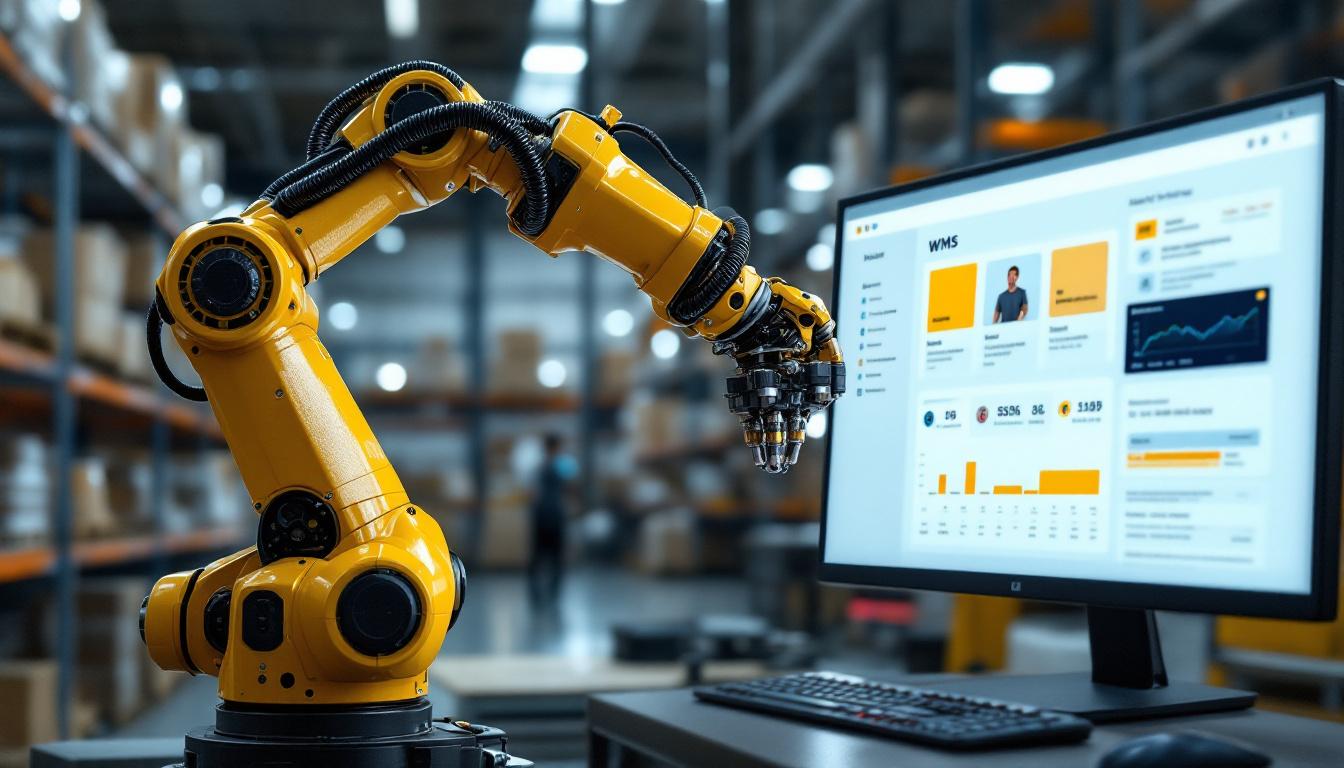 A photograph of a modern warehouse environment showcasing an industrial robotic arm in action