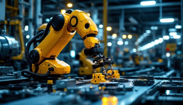 A photograph of a sleek industrial robot in action on a factory floor
