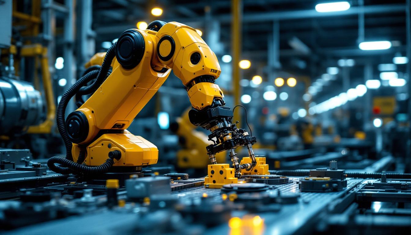 A photograph of a sleek industrial robot in action on a factory floor
