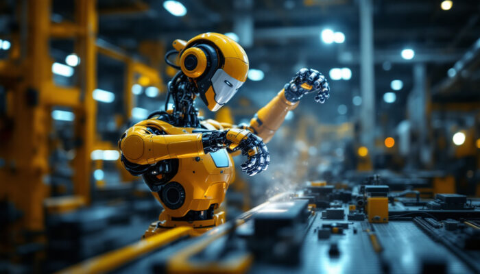 A photograph of a modern industrial robot in action within a manufacturing setting