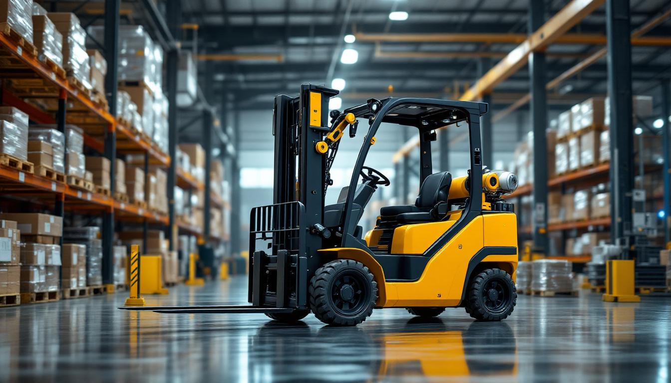 A photograph of a modern fork truck in action within an industrial setting