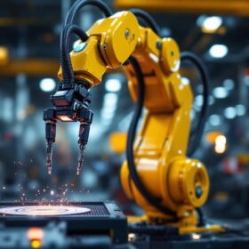 A photograph of a sleek industrial robotic arm in action