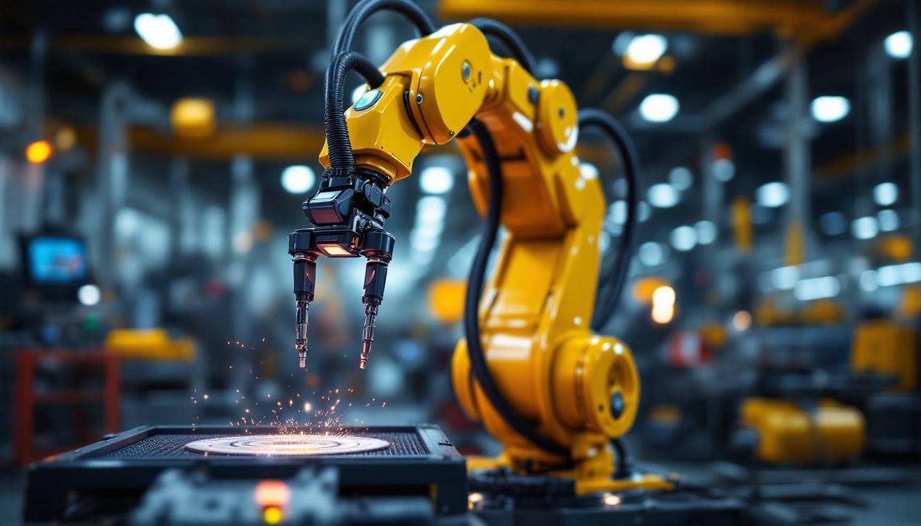 A photograph of a sleek industrial robotic arm in action