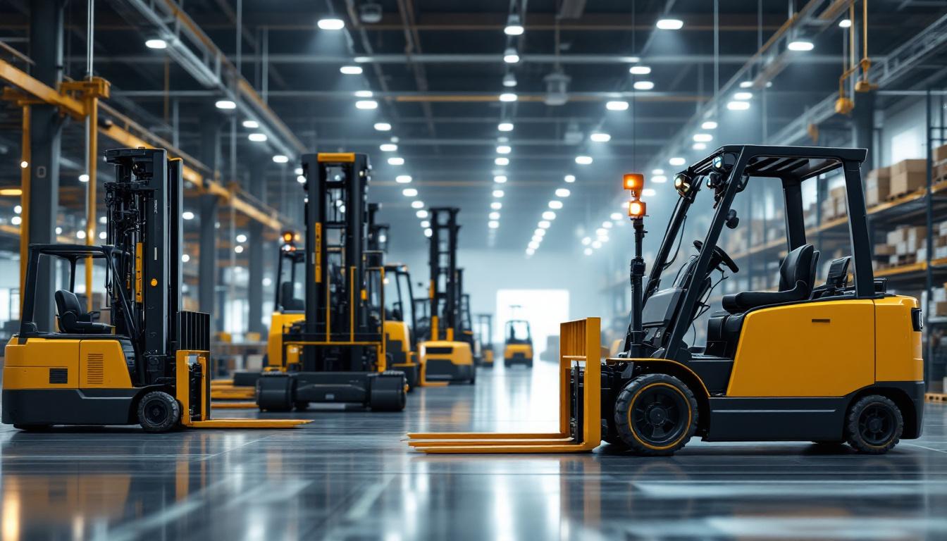 A photograph of a modern industrial setting featuring a variety of fork trucks in action
