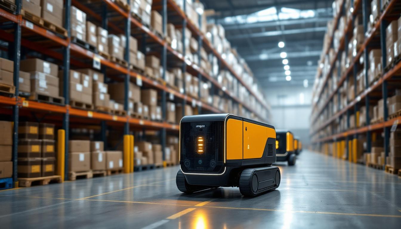 A photograph of capture a photograph of an amazon warehouse environment showcasing an industrial robotic cart in action