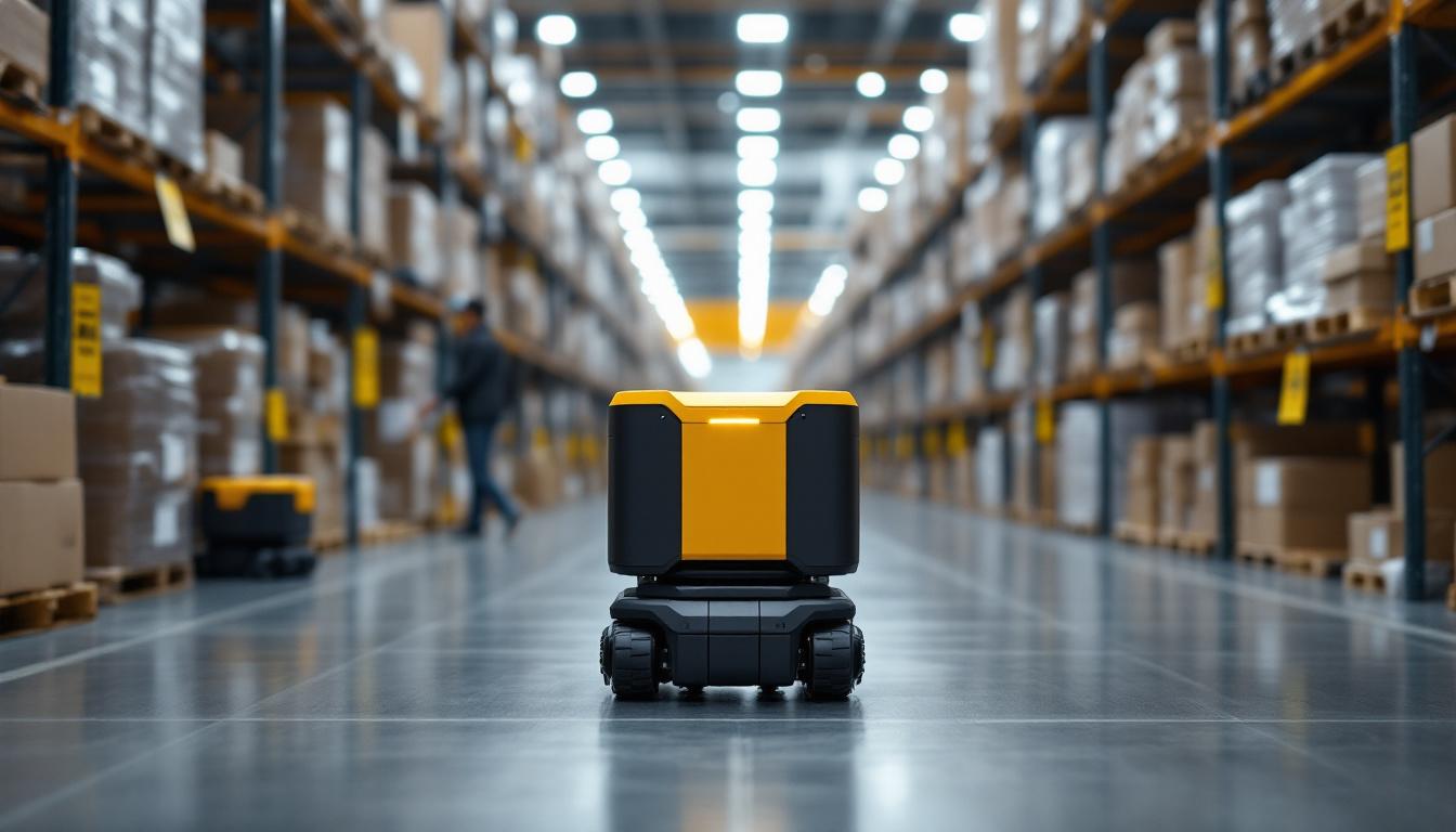 A photograph of capture a photograph of a kiva robotic system in action within an amazon fulfillment center