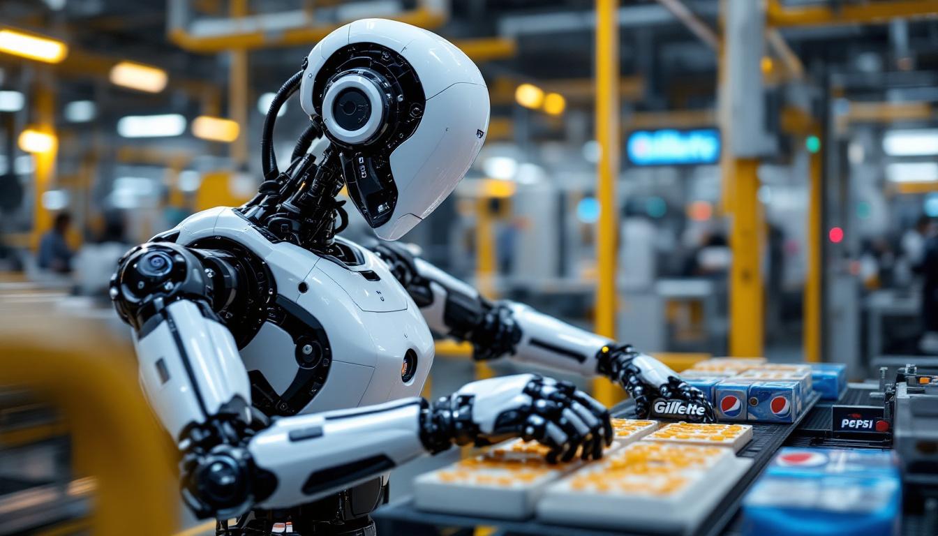 A photograph of a sleek industrial robot in action at a gillette or pepsi manufacturing facility