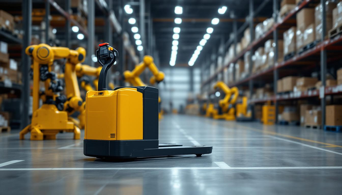 A photograph of capture a photograph of a pallet jack in action within a bustling warehouse environment