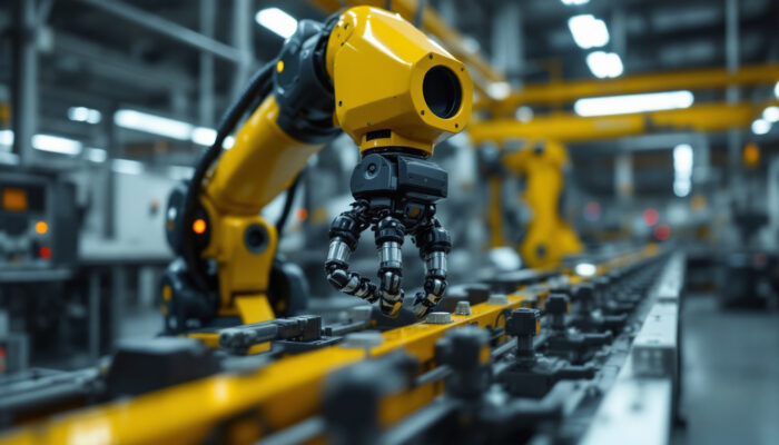 A photograph of a modern industrial setting showcasing a robotic arm in action