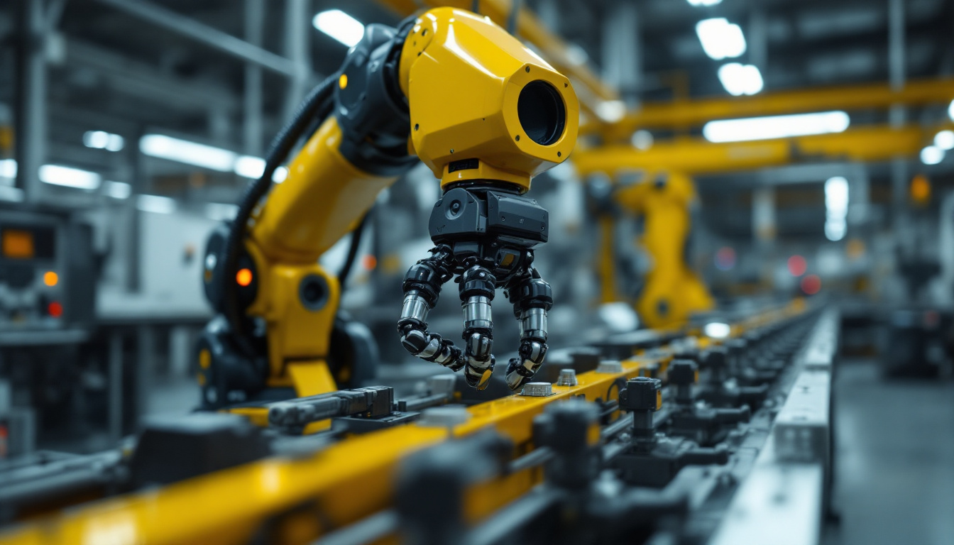 A photograph of a modern industrial setting showcasing a robotic arm in action