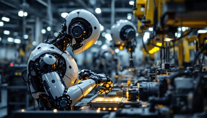 A photograph of a sleek industrial robot in action within a factory setting