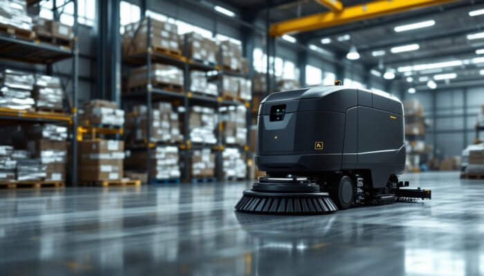 A photograph of a sleek industrial robotic floor scrubber in action