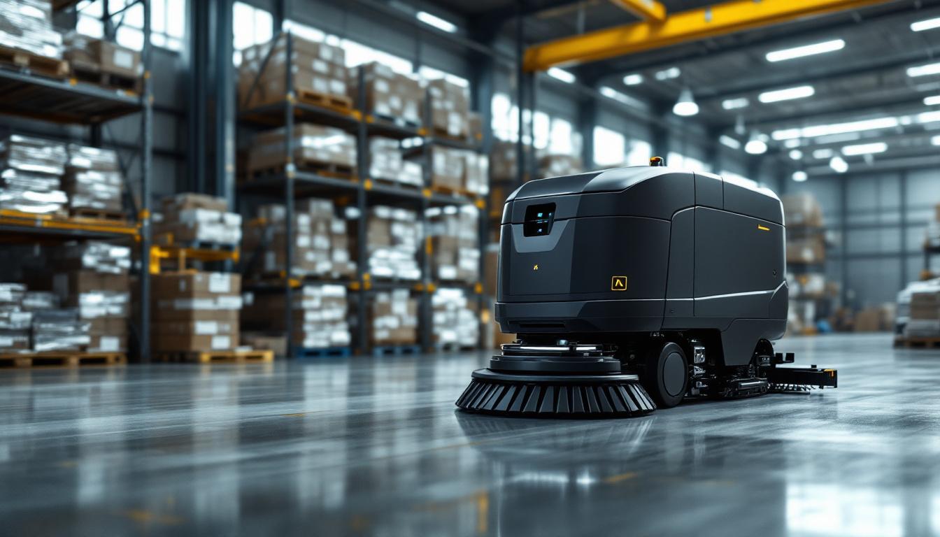 A photograph of a sleek industrial robotic floor scrubber in action