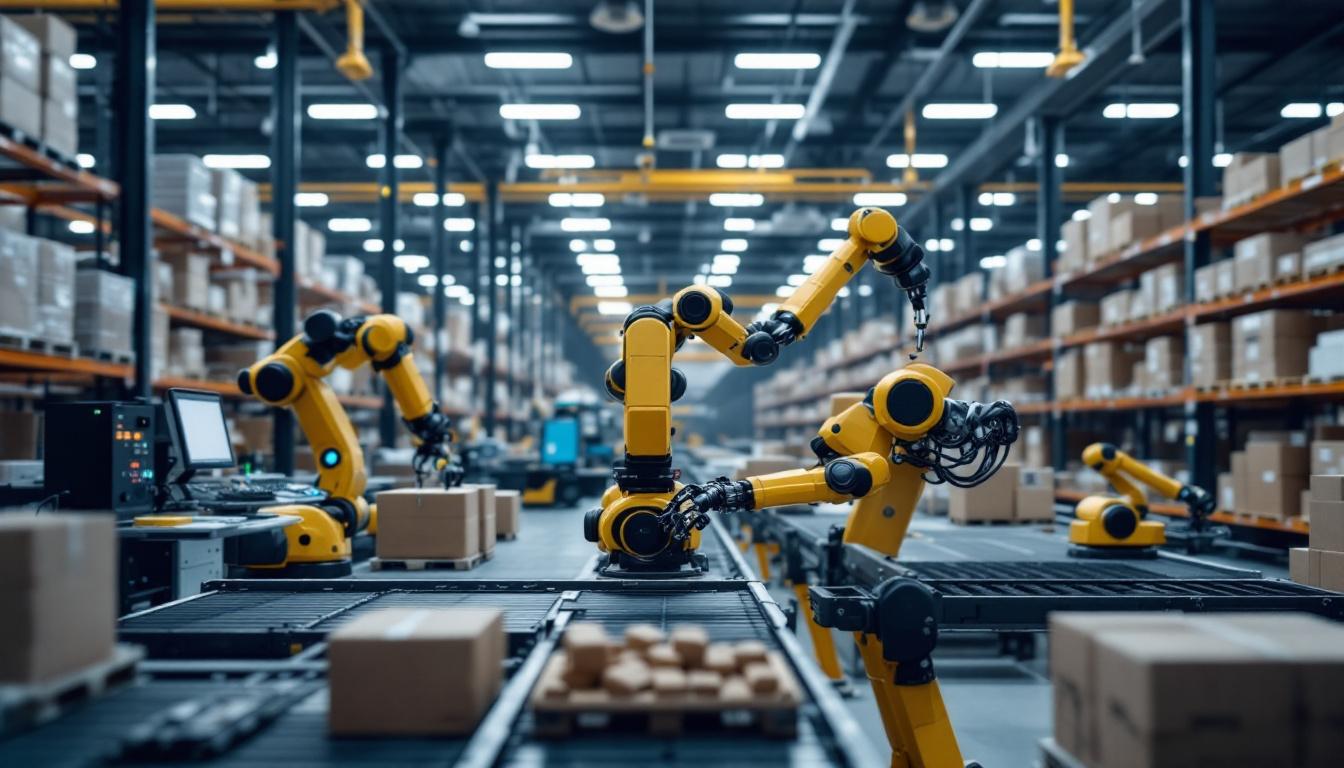 A photograph of a modern warehouse environment showcasing various industrial robots in action