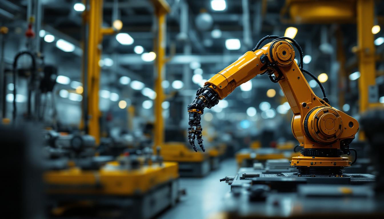 A photograph of a sleek industrial robotic arm in action within a modern manufacturing environment