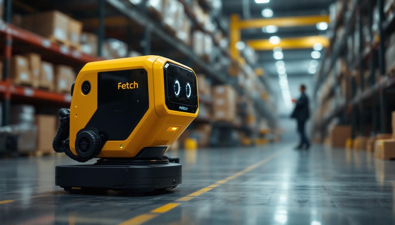 A photograph of a fetch robotics industrial robot in action within a warehouse setting