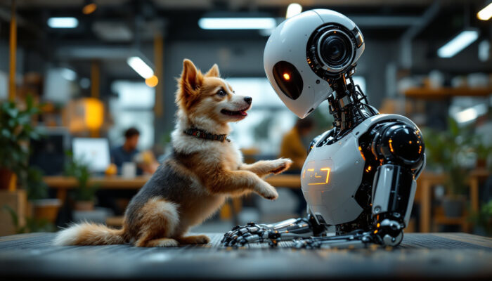 A photograph of a playful dog interacting with a sleek industrial robot in a dynamic workspace
