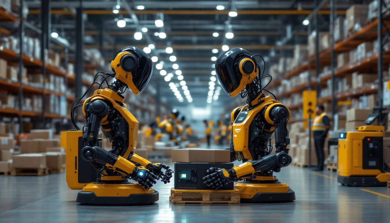 A photograph of a bustling amazon warehouse floor showcasing various industrial robots in action