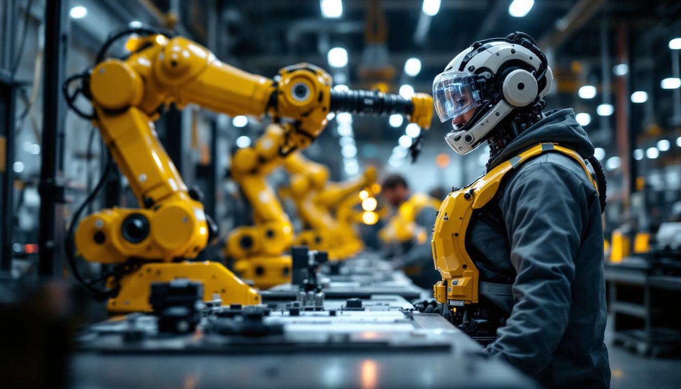 A photograph of a modern industrial setting showcasing a collaborative robot (cobot) working alongside human workers