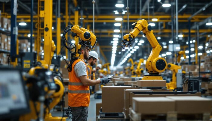 A photograph of a bustling amazon warehouse interior featuring advanced industrial robots in action