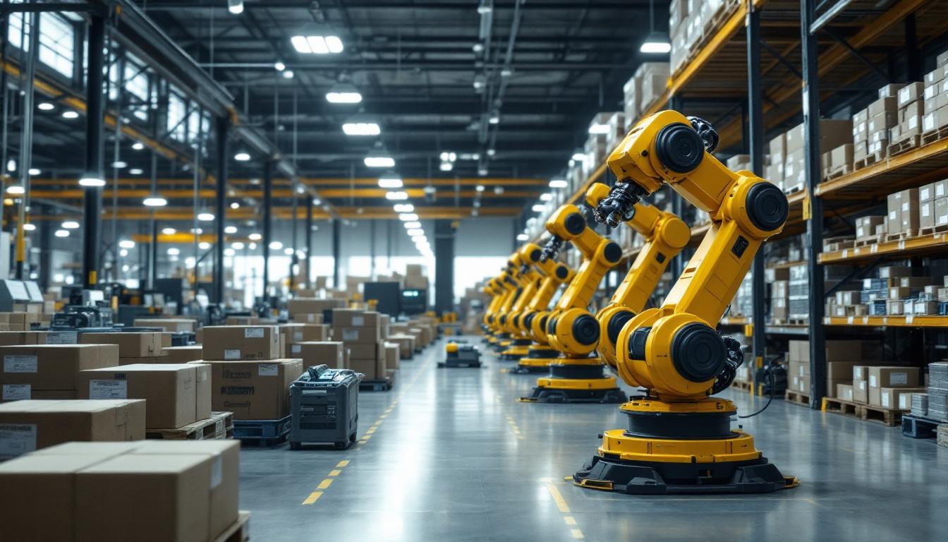 A photograph of a modern warehouse environment showcasing industrial robots in action
