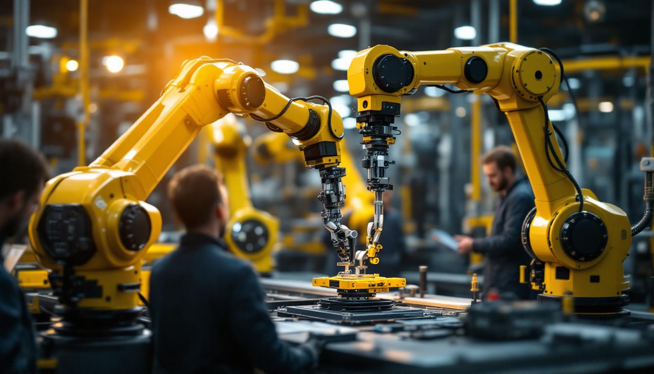 A photograph of a dynamic industrial setting featuring advanced robotic arms in action