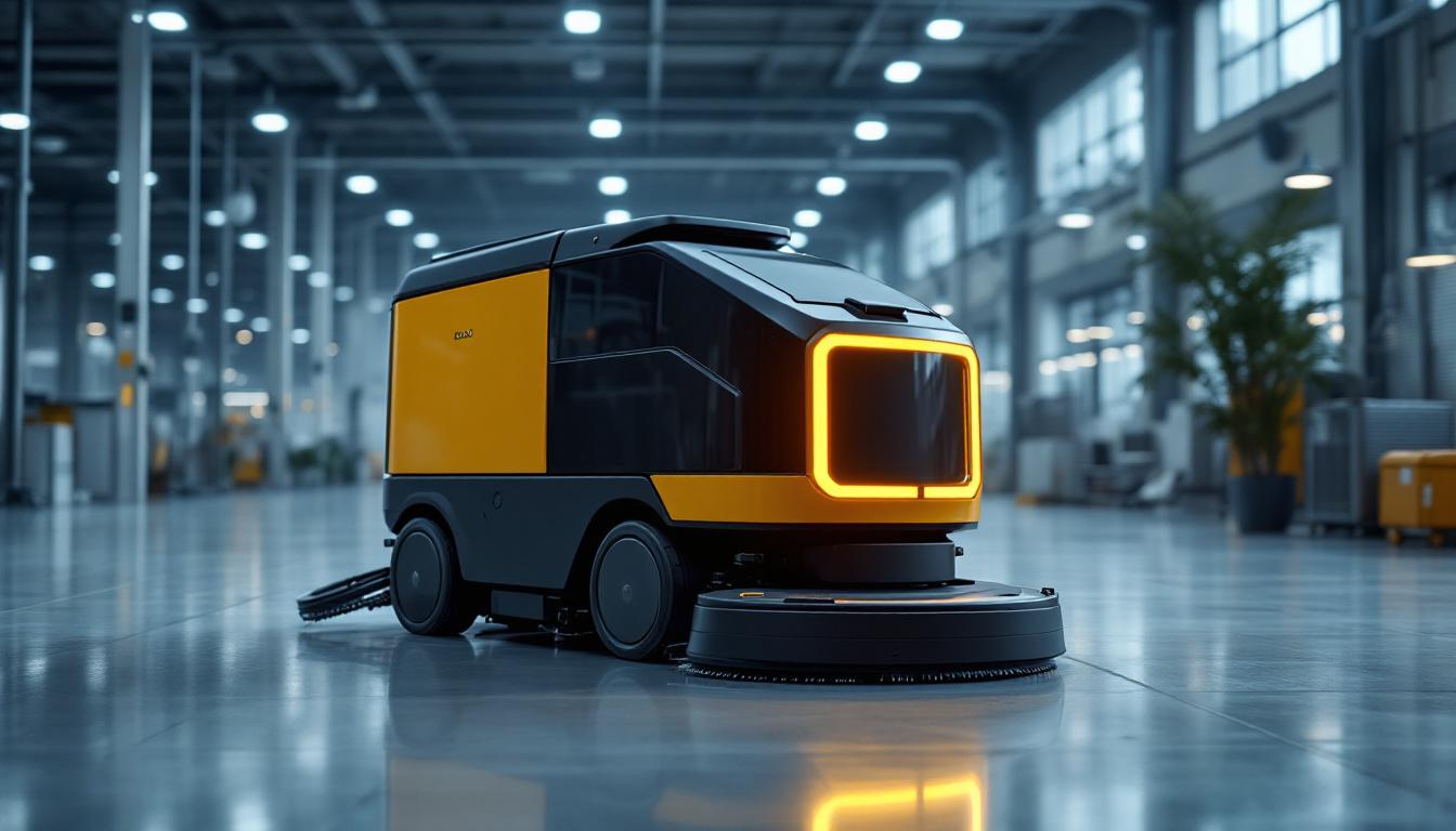 A photograph of a sleek industrial robotic floor care machine in action