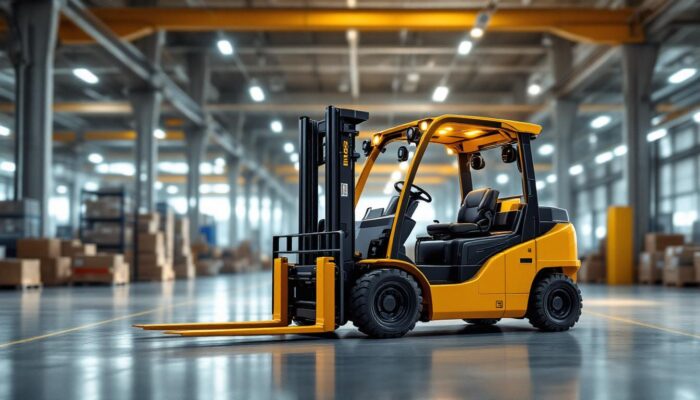 A photograph of a modern industrial warehouse setting featuring a forklift in action