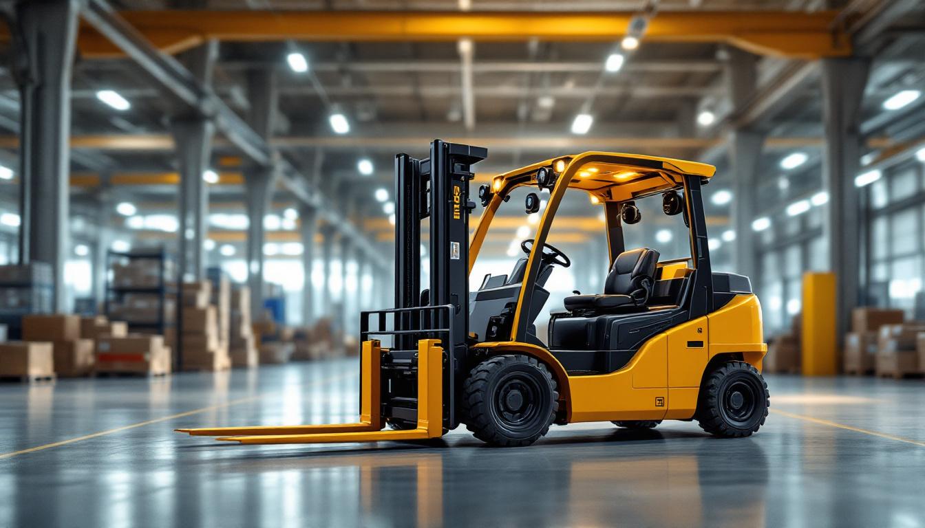 A photograph of a modern industrial warehouse setting featuring a forklift in action