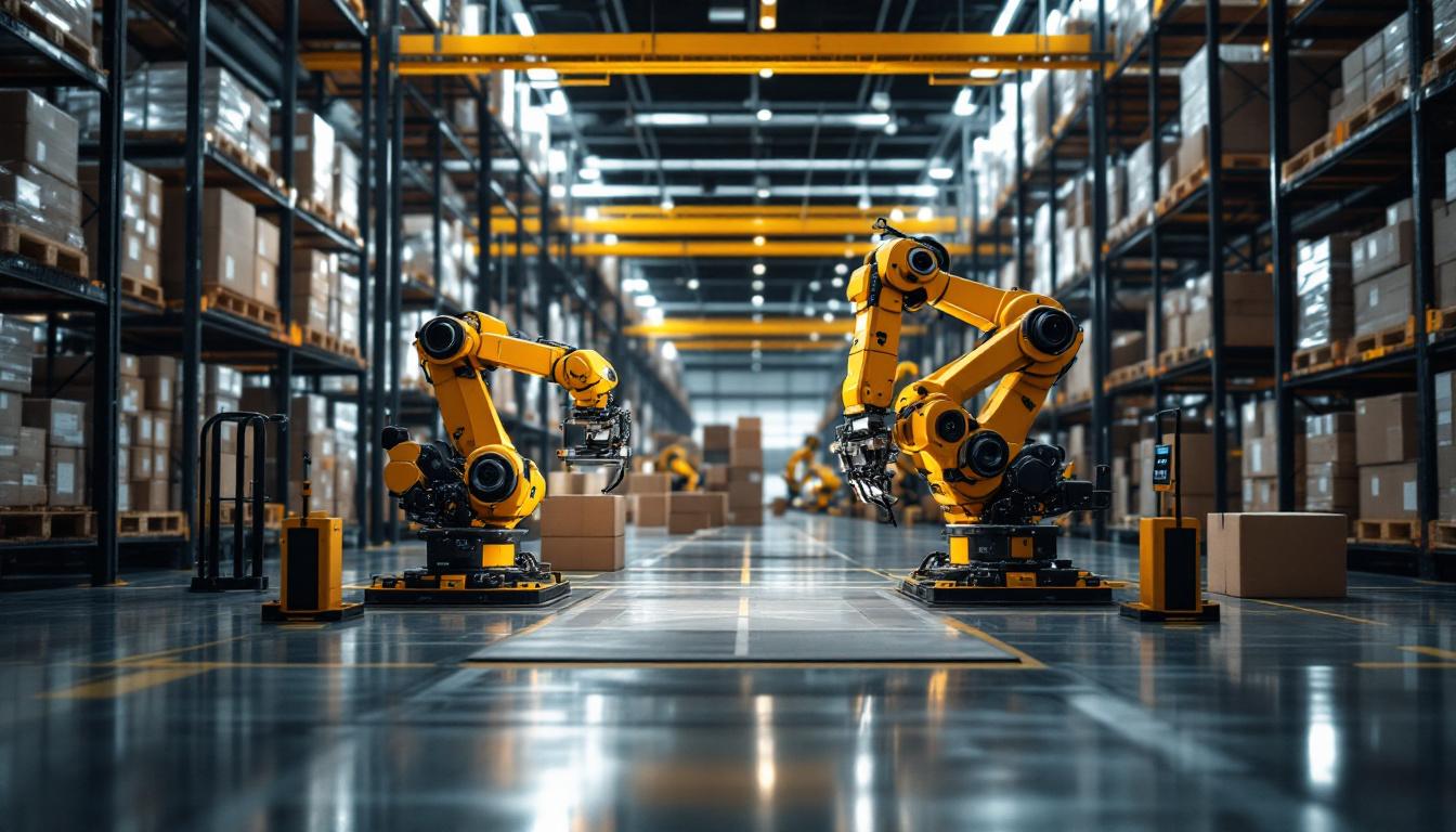 A photograph of a modern warehouse environment showcasing industrial robots in action