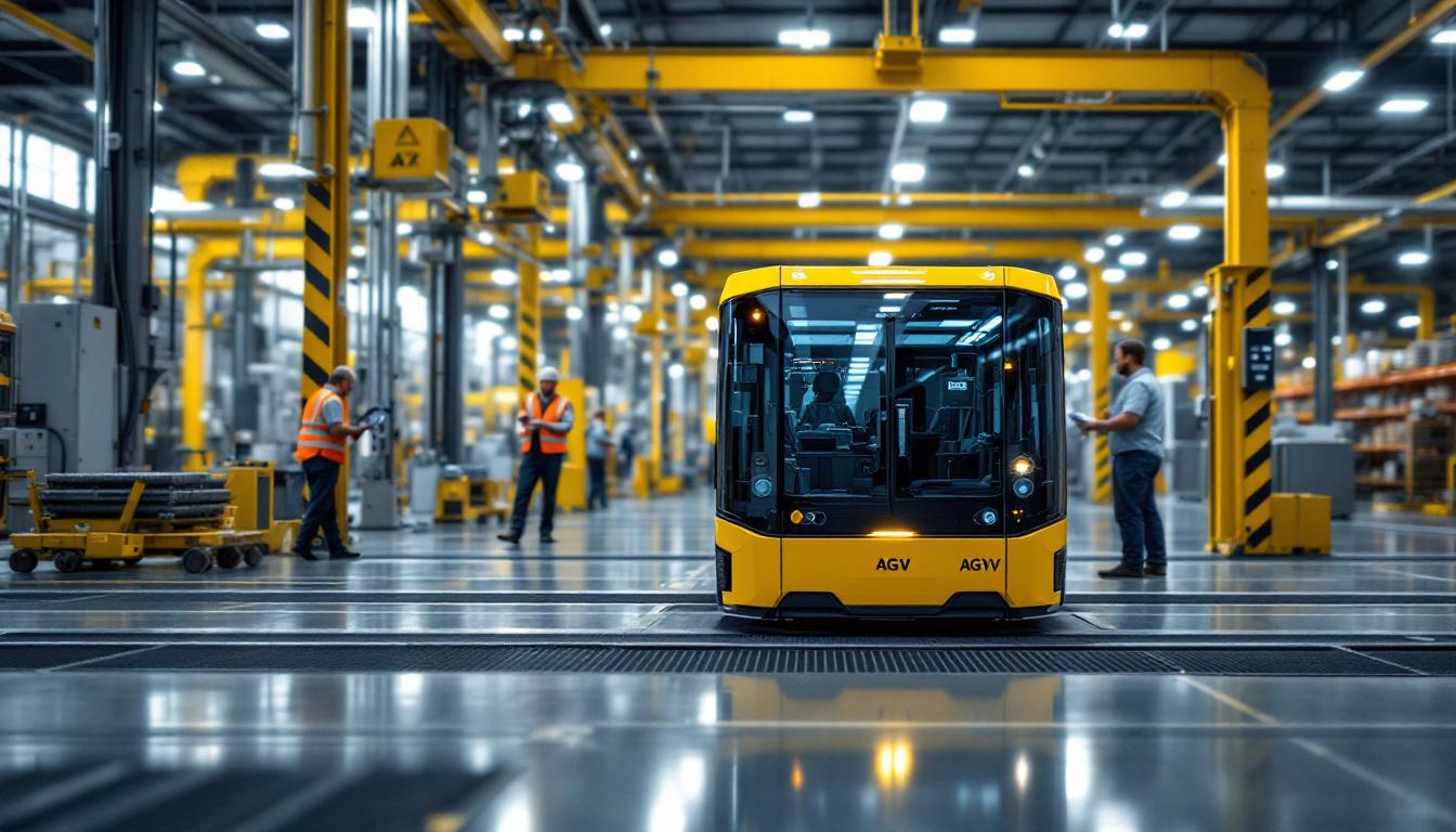 A photograph of a modern automated guided vehicle (agv) in action within an industrial setting