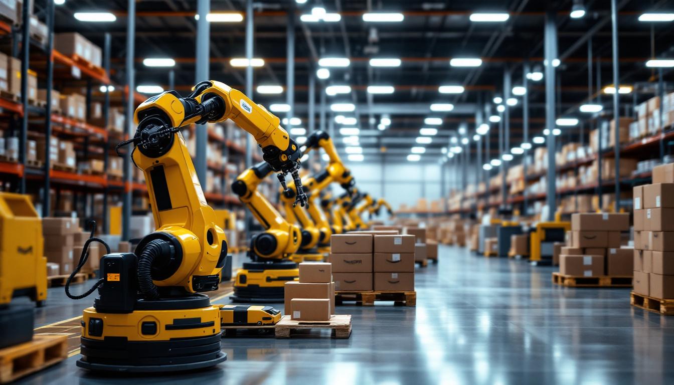 A photograph of a state-of-the-art amazon fulfillment center showcasing various industrial robots in action