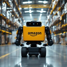 A photograph of a kiva robot navigating through an amazon warehouse
