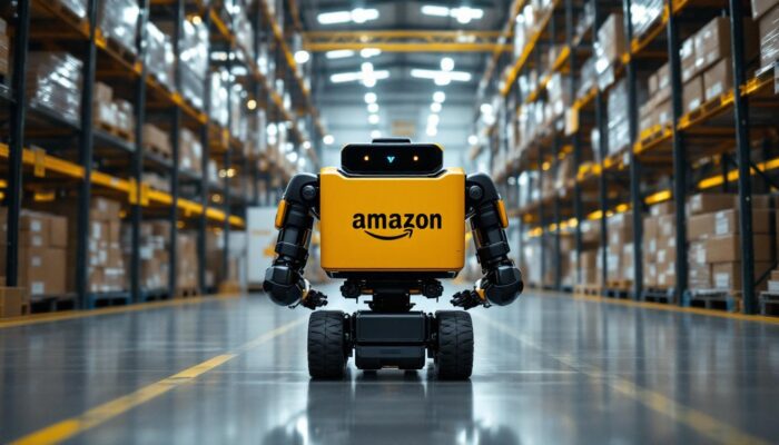 A photograph of a kiva robot navigating through an amazon warehouse