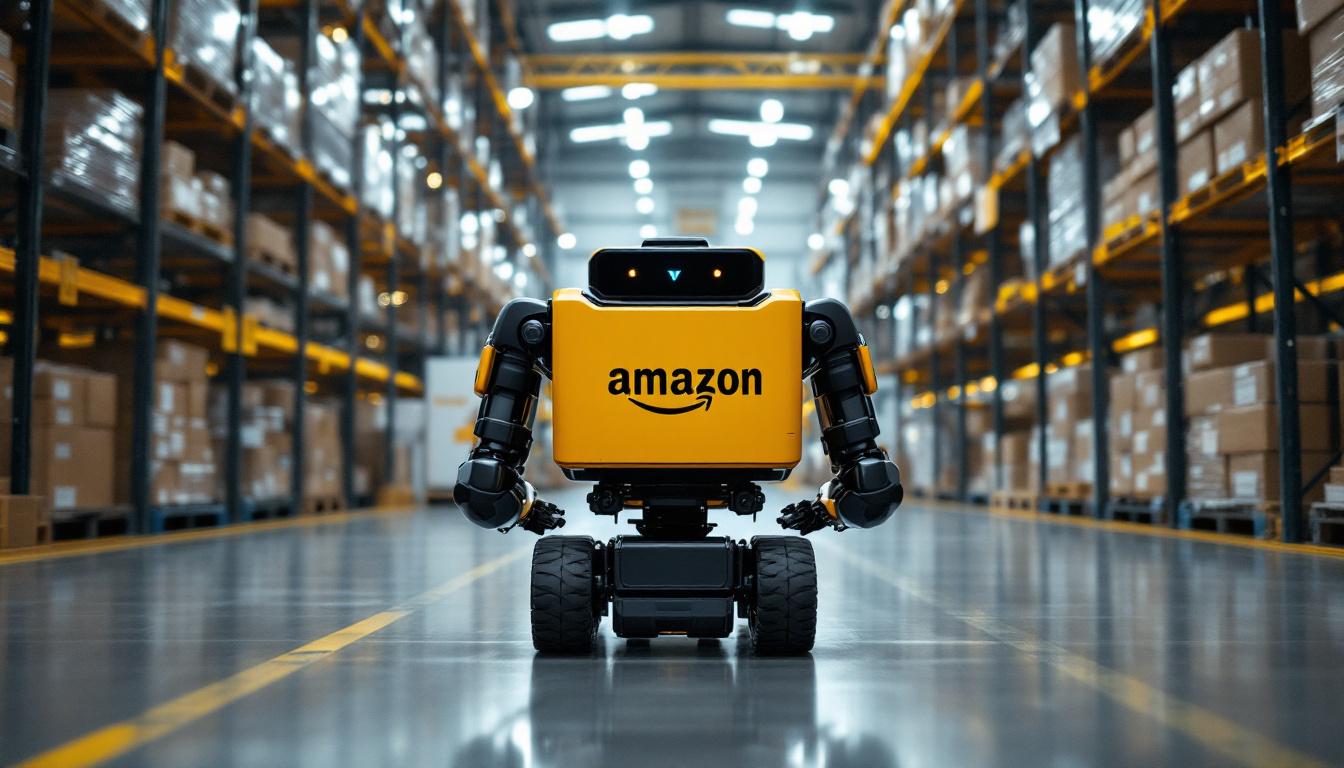 A photograph of a kiva robot navigating through an amazon warehouse