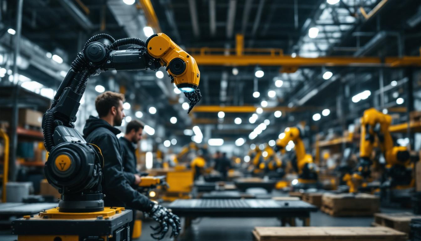 A photograph of a modern warehouse environment showcasing industrial robots in action