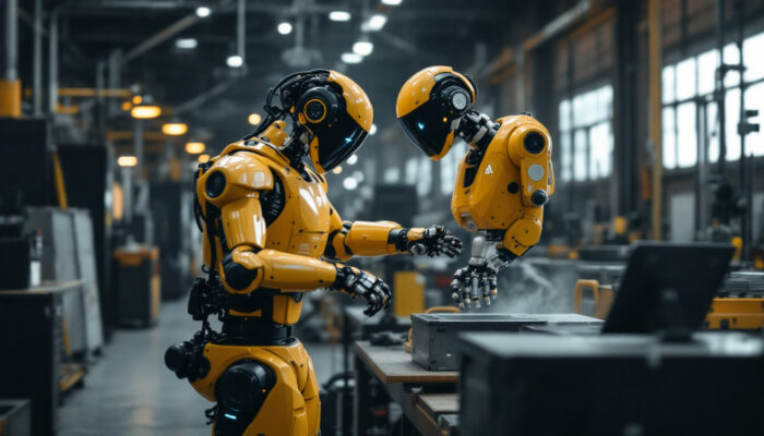 A photograph of a dynamic scene featuring the atlas robot in action within an industrial setting