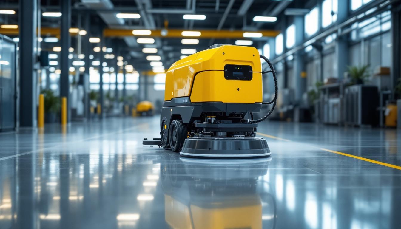 A photograph of a sleek industrial robotic floor waxing machine in action