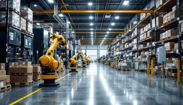 A photograph of a modern asrs (automated storage and retrieval system) warehouse showcasing industrial robots in action