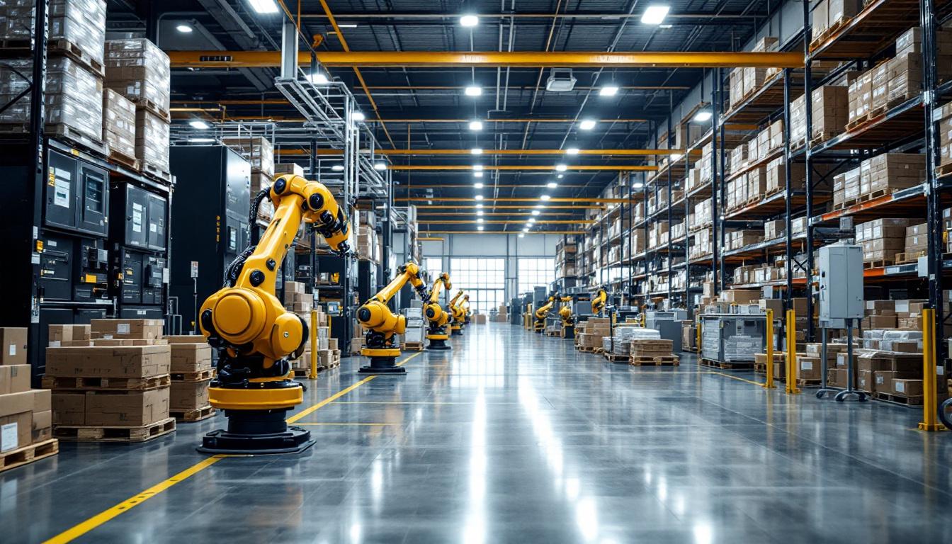 A photograph of a modern asrs (automated storage and retrieval system) warehouse showcasing industrial robots in action