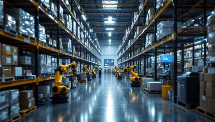 A photograph of a modern warehouse environment showcasing a cloud-based warehouse management system in action