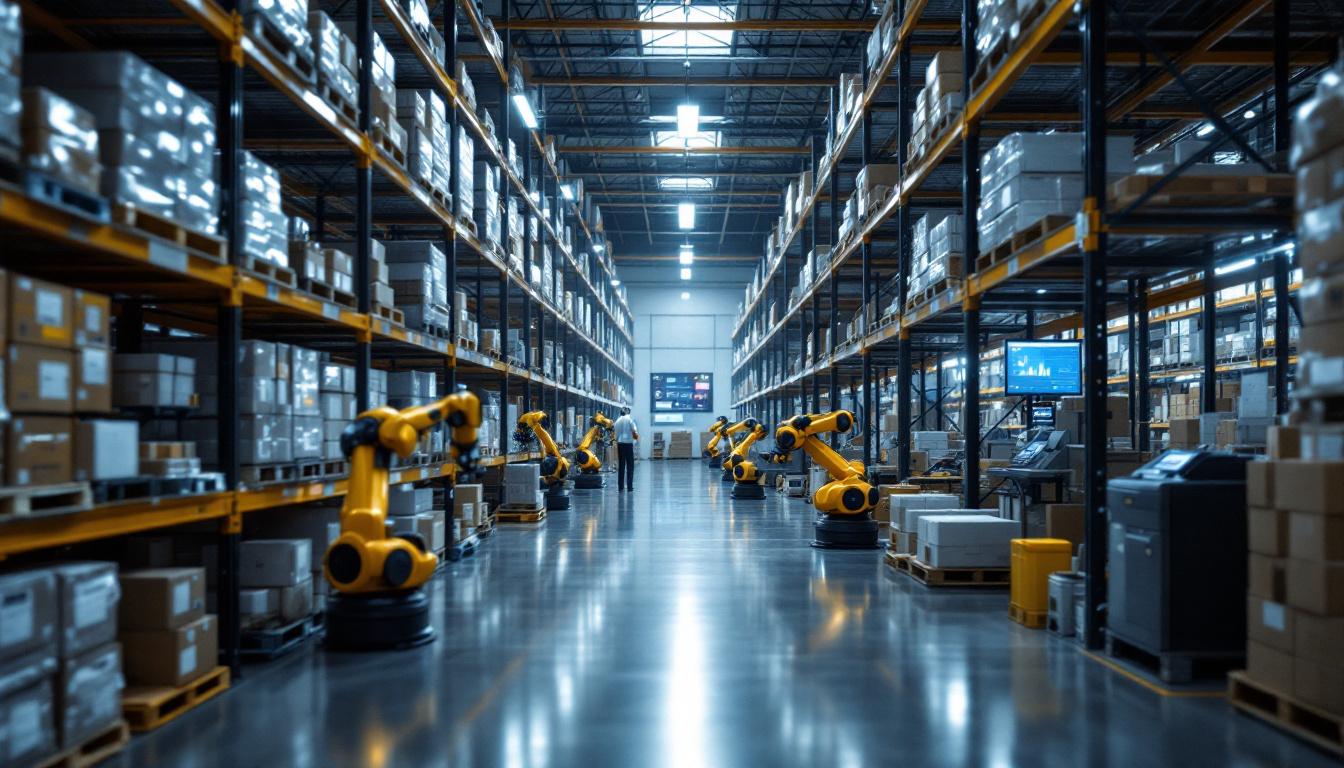 A photograph of a modern warehouse environment showcasing a cloud-based warehouse management system in action
