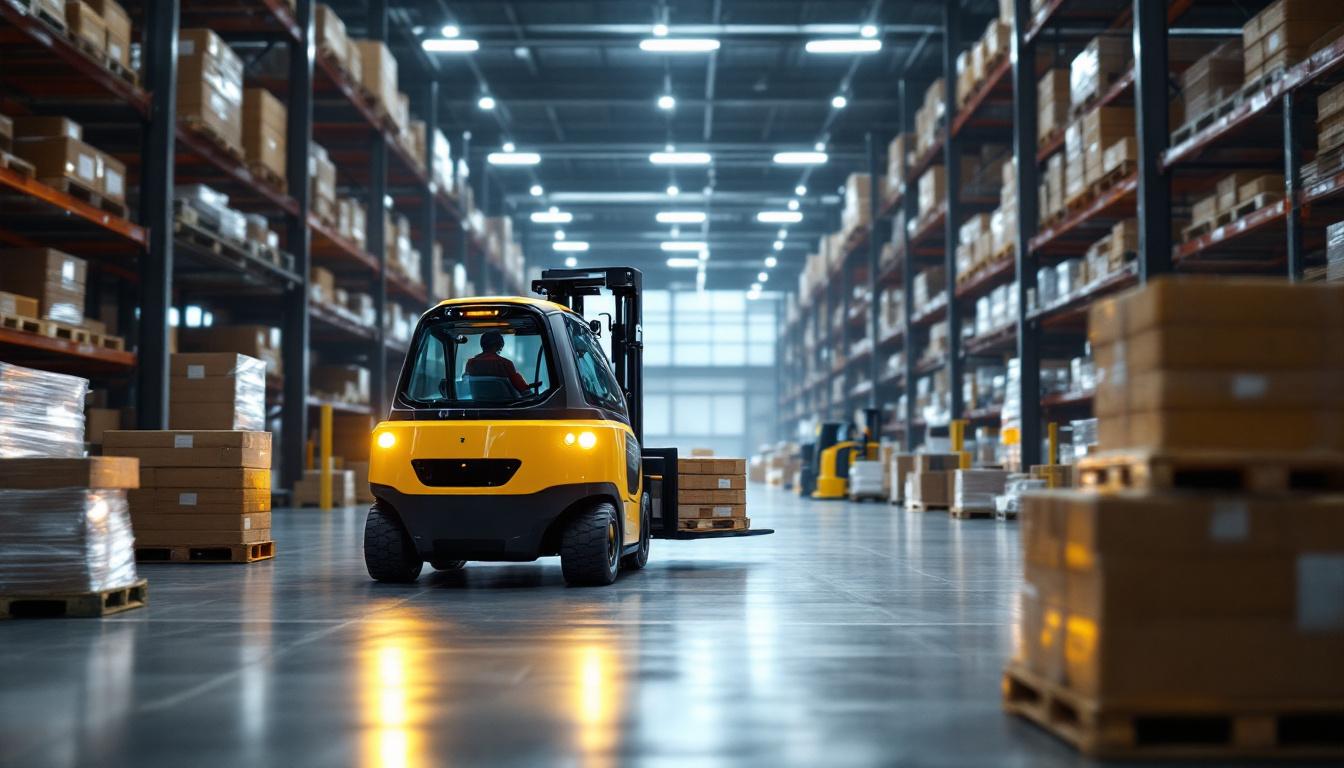 A photograph of an autonomous forklift in action within a modern warehouse setting