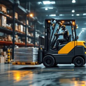 A photograph of a modern forklift in action within an industrial setting